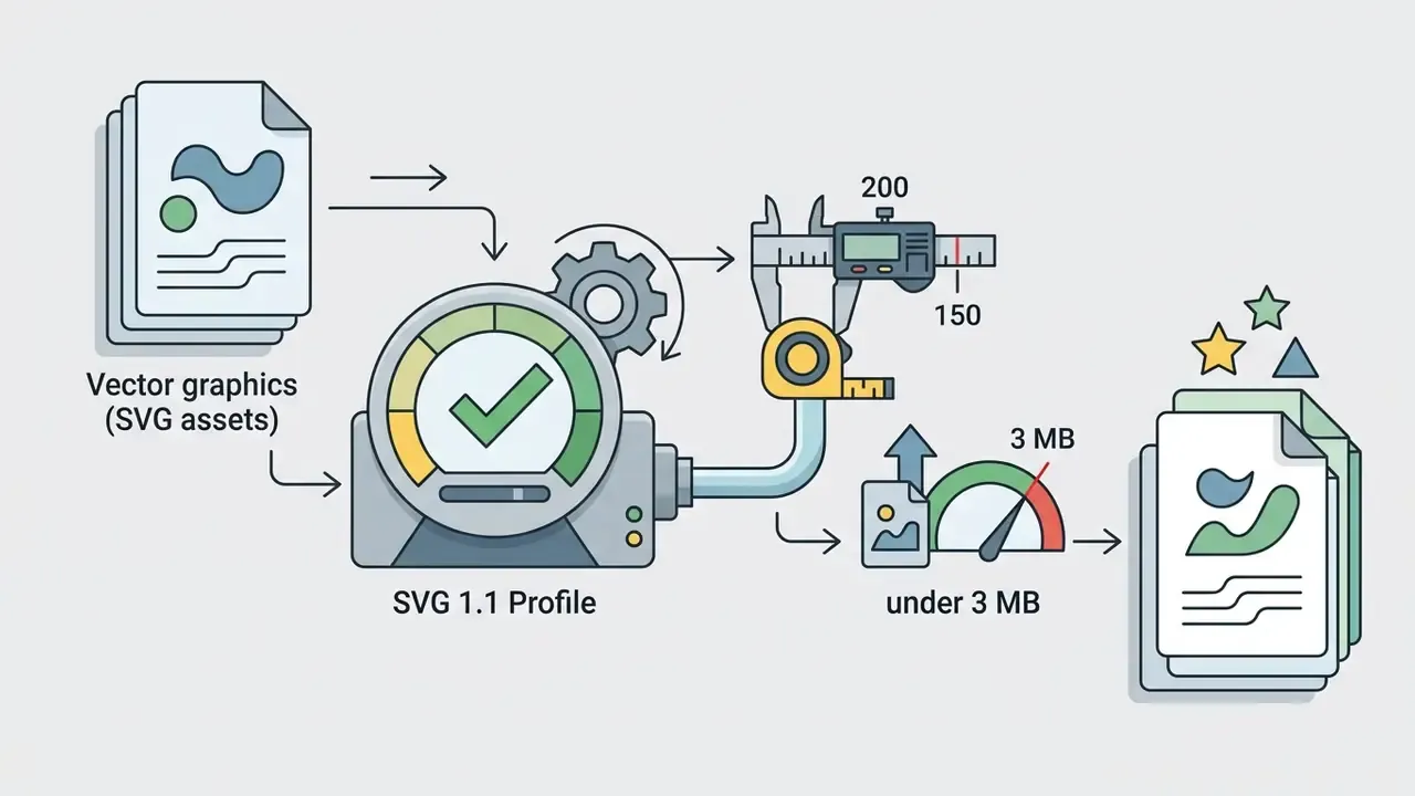 Vector graphics being processed through a profile validator, measured for size, and checked for file limits