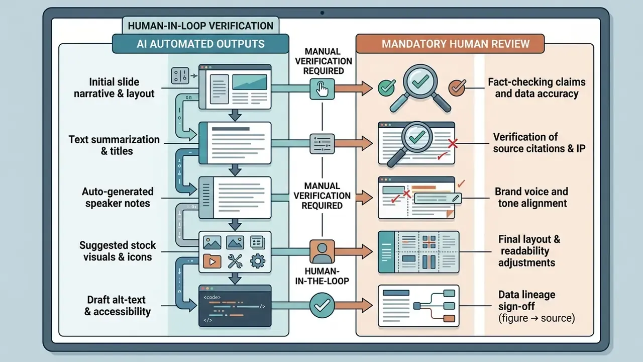 Flowchart comparing AI automated presentation outputs with the necessary steps for human verification