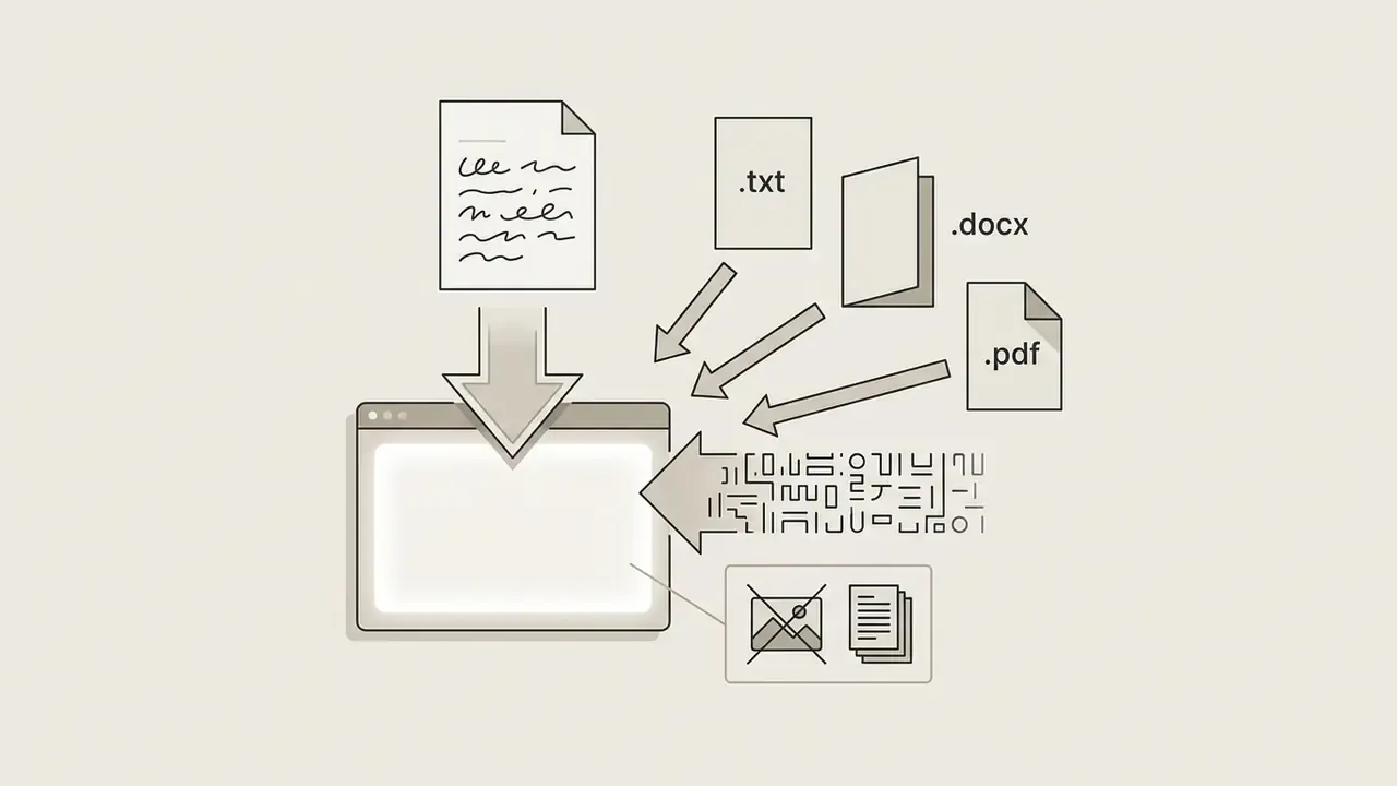 Document icons for txt, docx, and pdf files being uploaded into a digital interface for processing