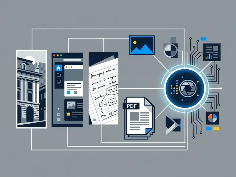 Diagram showing photos, screenshots, handwritten notes, and PDF files being processed by an AI system