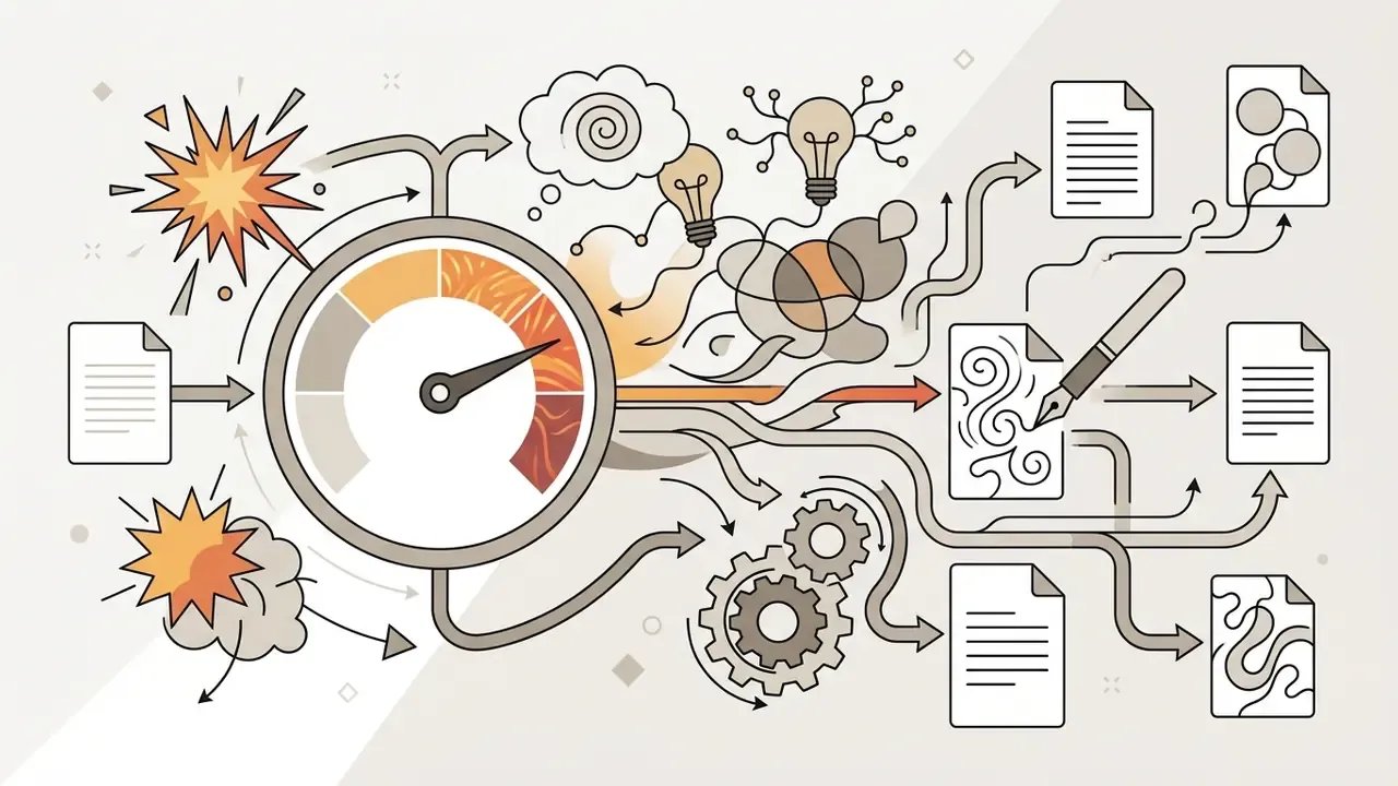 Speed gauge connected to gears and creative symbols directing document data into various output formats