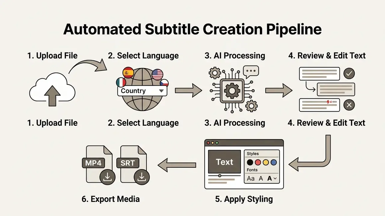 Six sequential steps for automated subtitle creation starting with file upload and ending with media export