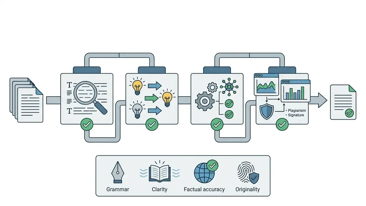 Four sequential stages for text verification including grammar, clarity, factual accuracy, and originality