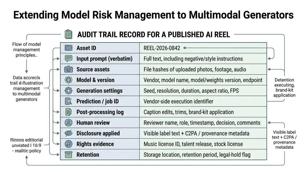 Table listing audit trail components for multimodal content including assets, model versions, and logs