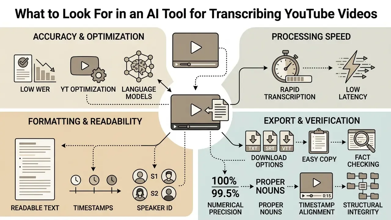 Infographic showing key features for AI YouTube video transcript generators like accuracy and export options
