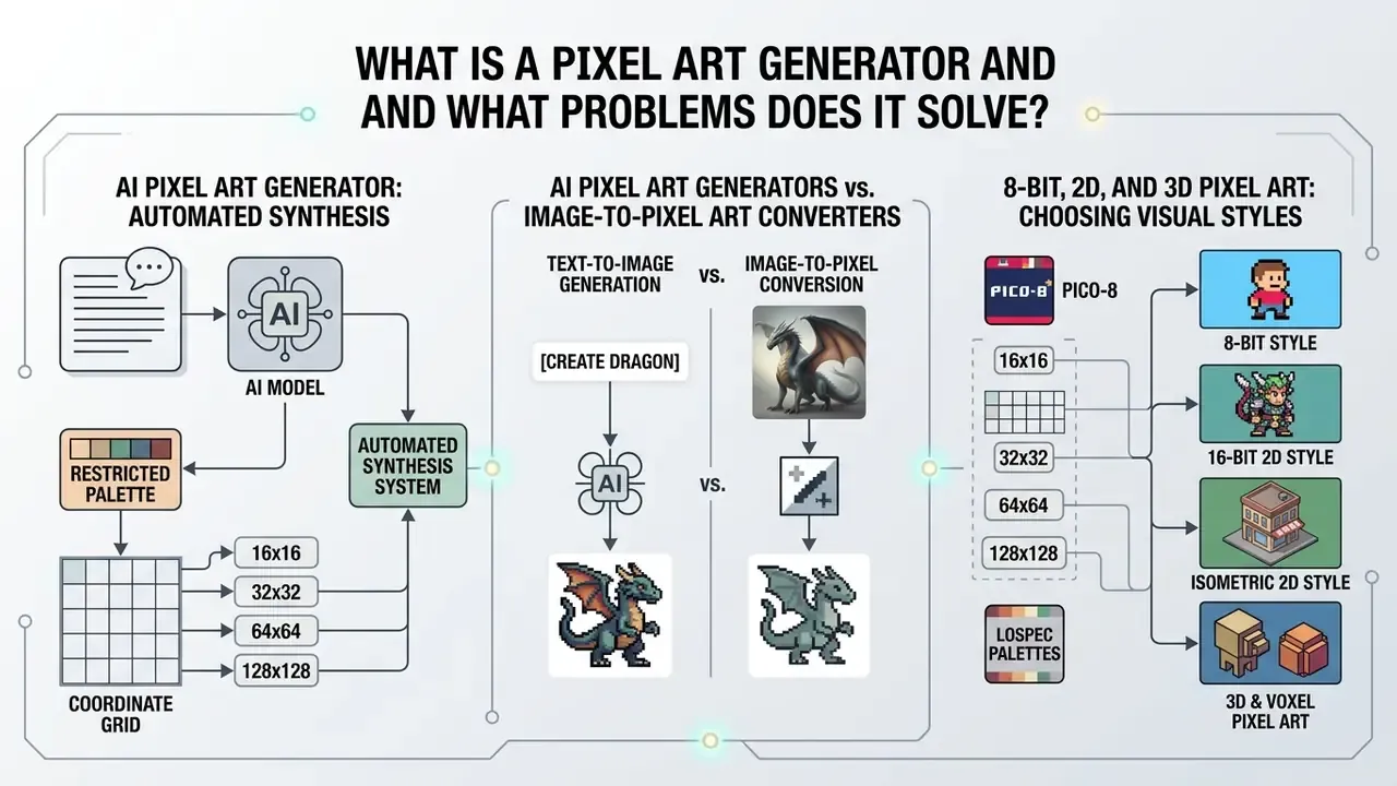 Infographic showing how AI pixel art generators synthesize images using grids and restricted palettes