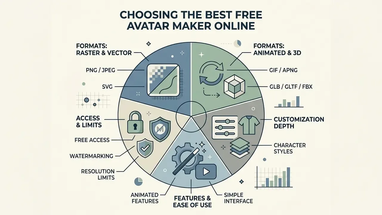 Circular diagram breaking down key considerations like file formats, access, and customization options