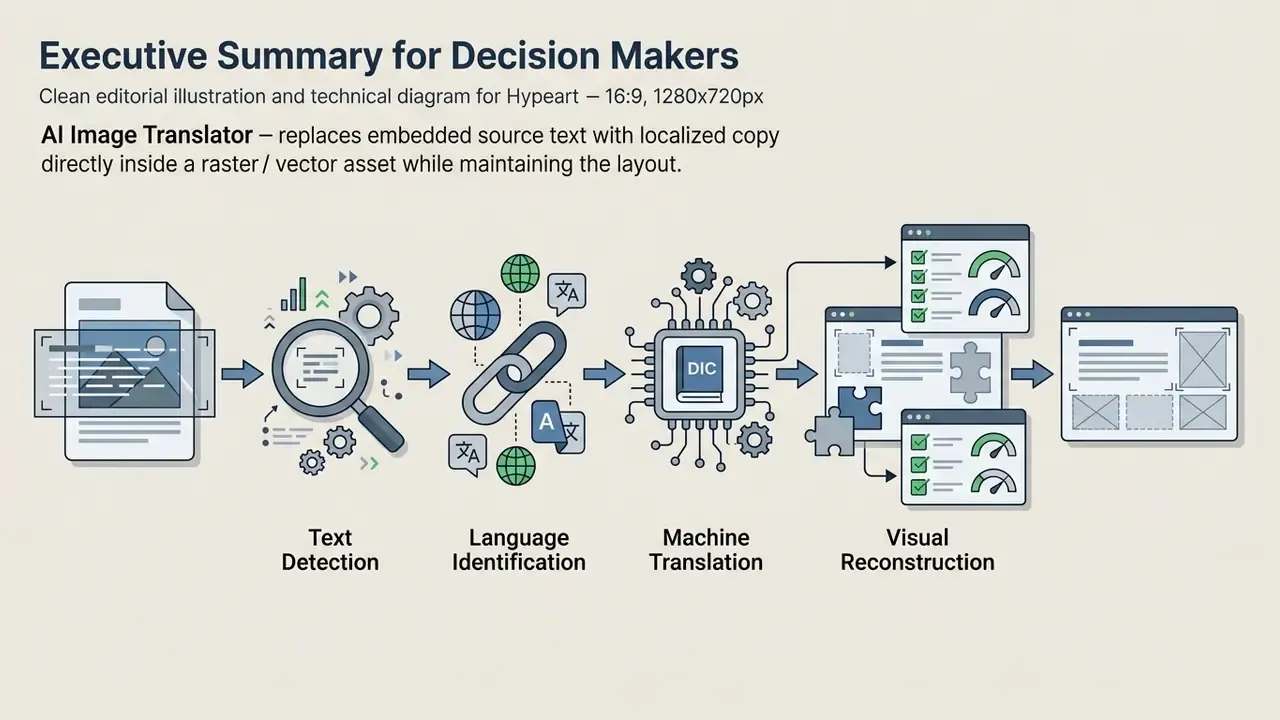 Linear workflow showing text detection, language identification, machine translation, and visual reconstruction