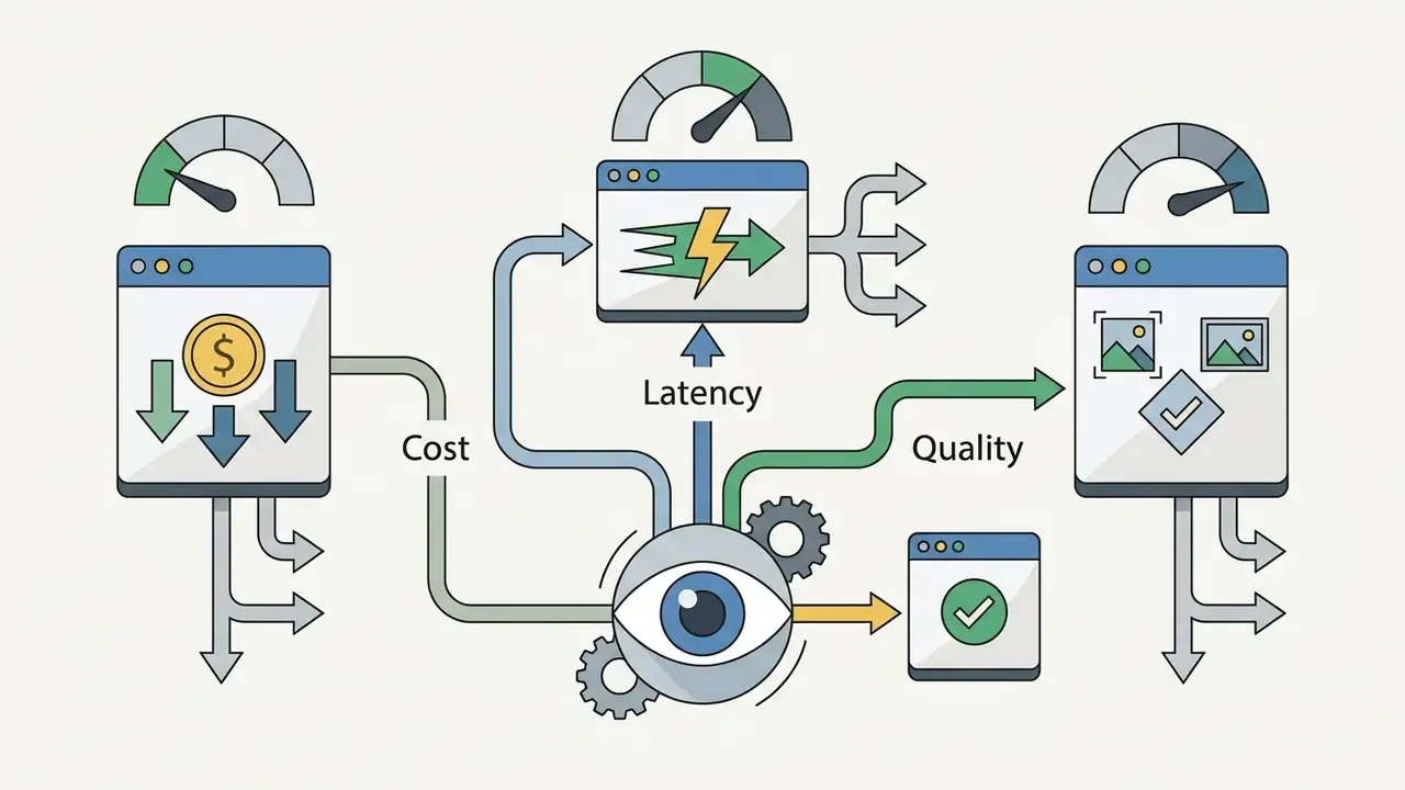 Central eye icon processing cost, latency, and quality metrics to evaluate AI Video API model selection