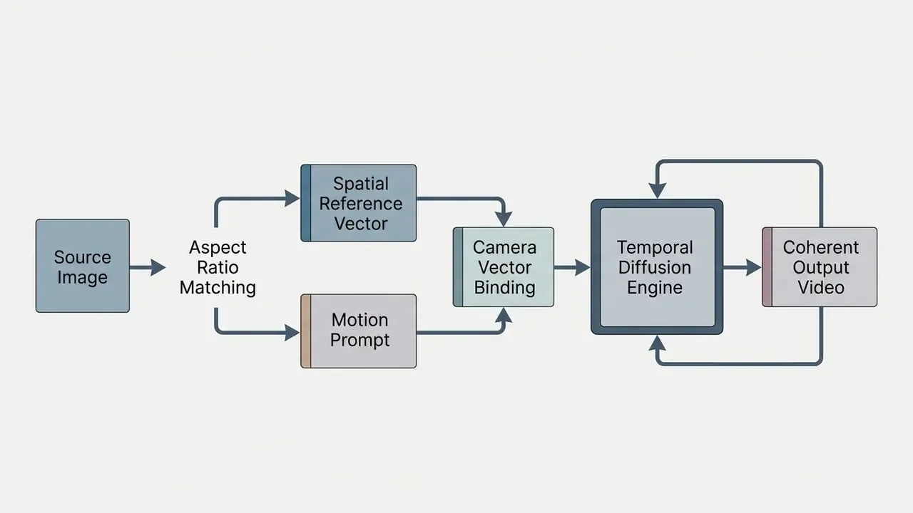 Flowchart showing the Luma Dream Machine image to video conditioning process from source to output