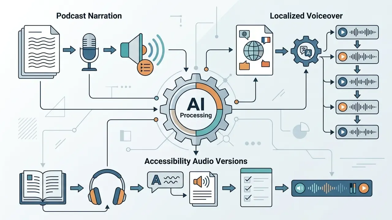 Text and audio icons feeding into a central processing gear to produce localized voice and audio files