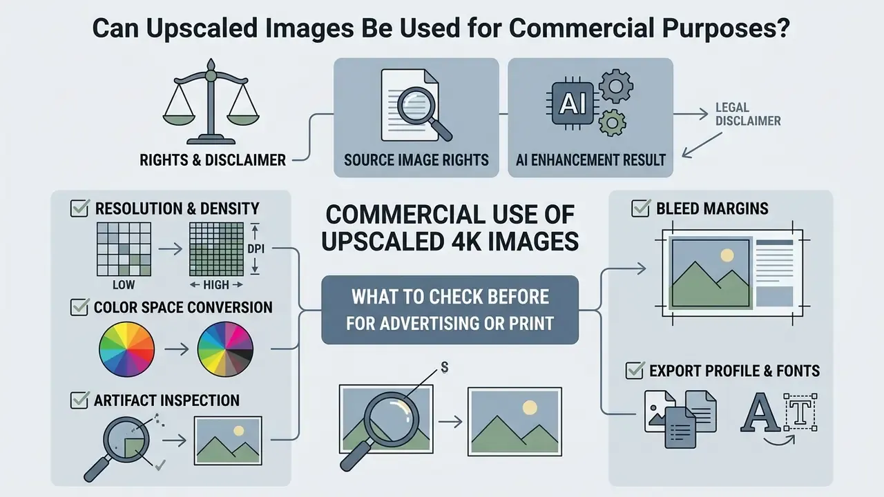 Infographic summarizing legal and technical considerations for using upscaled images in commercial projects