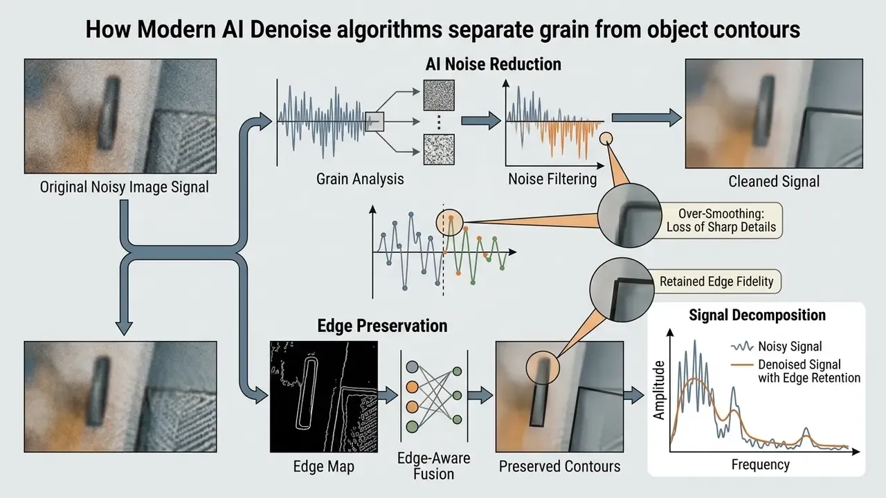 Diagram showing how AI algorithms remove grain while using edge detection to preserve image contours