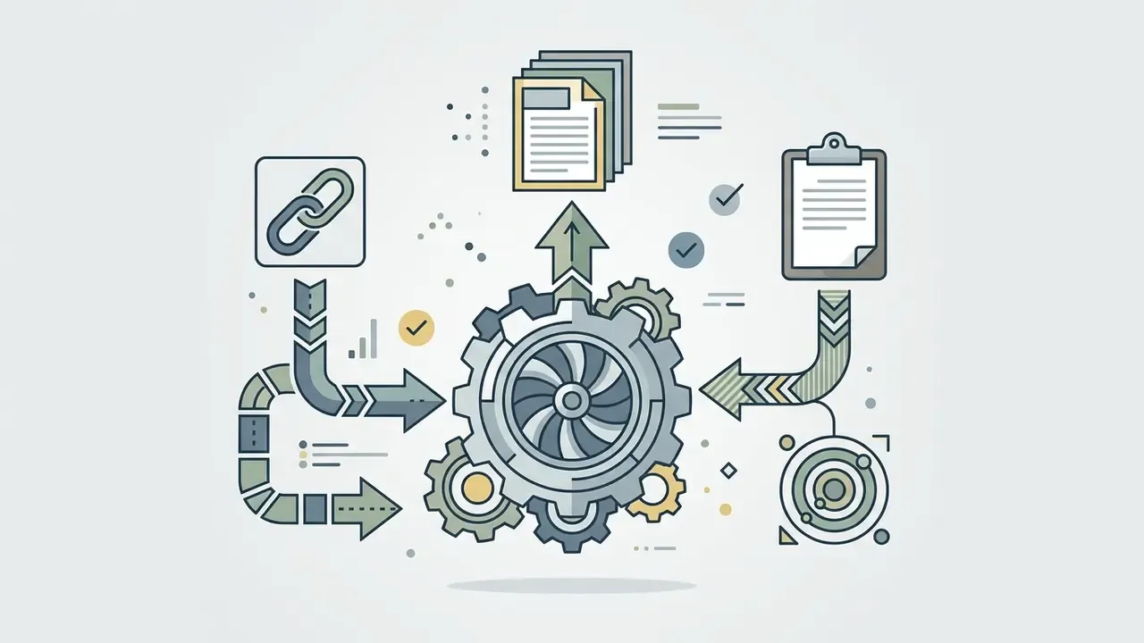URL link and clipboard icons feeding into a central gear mechanism that outputs processed documents