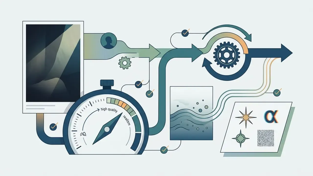 Diagram showing a gauge and gear system processing visual elements into a final cinematic output