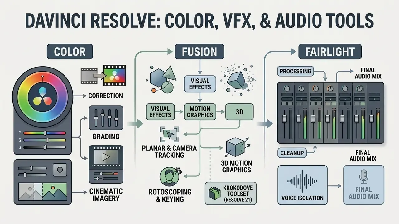 Summary graphic of DaVinci Resolve features for color grading, Fusion visual effects, and Fairlight audio