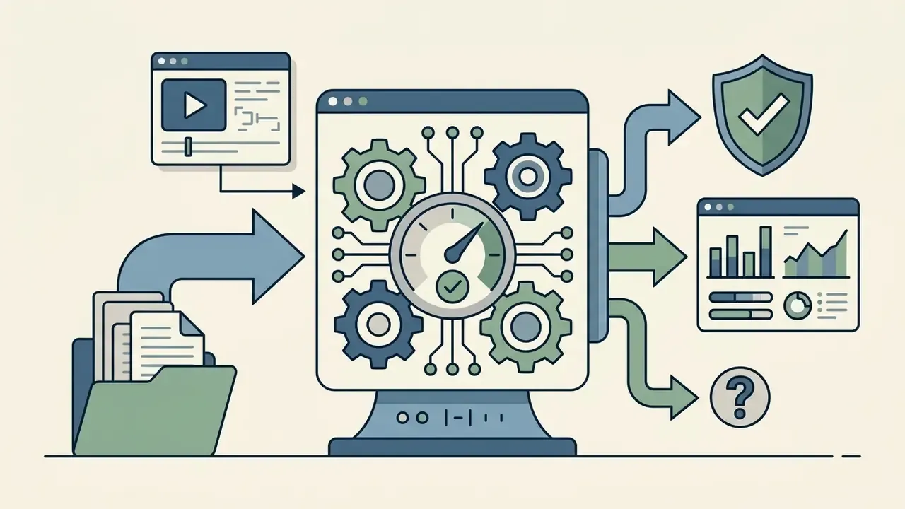Digital files being processed by a central engine to output status indicators and analytical reports