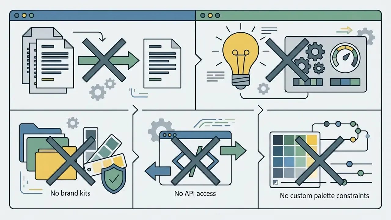 Five panels showing crossed out icons for batch processing, lighting, brand kits, API access, and palettes