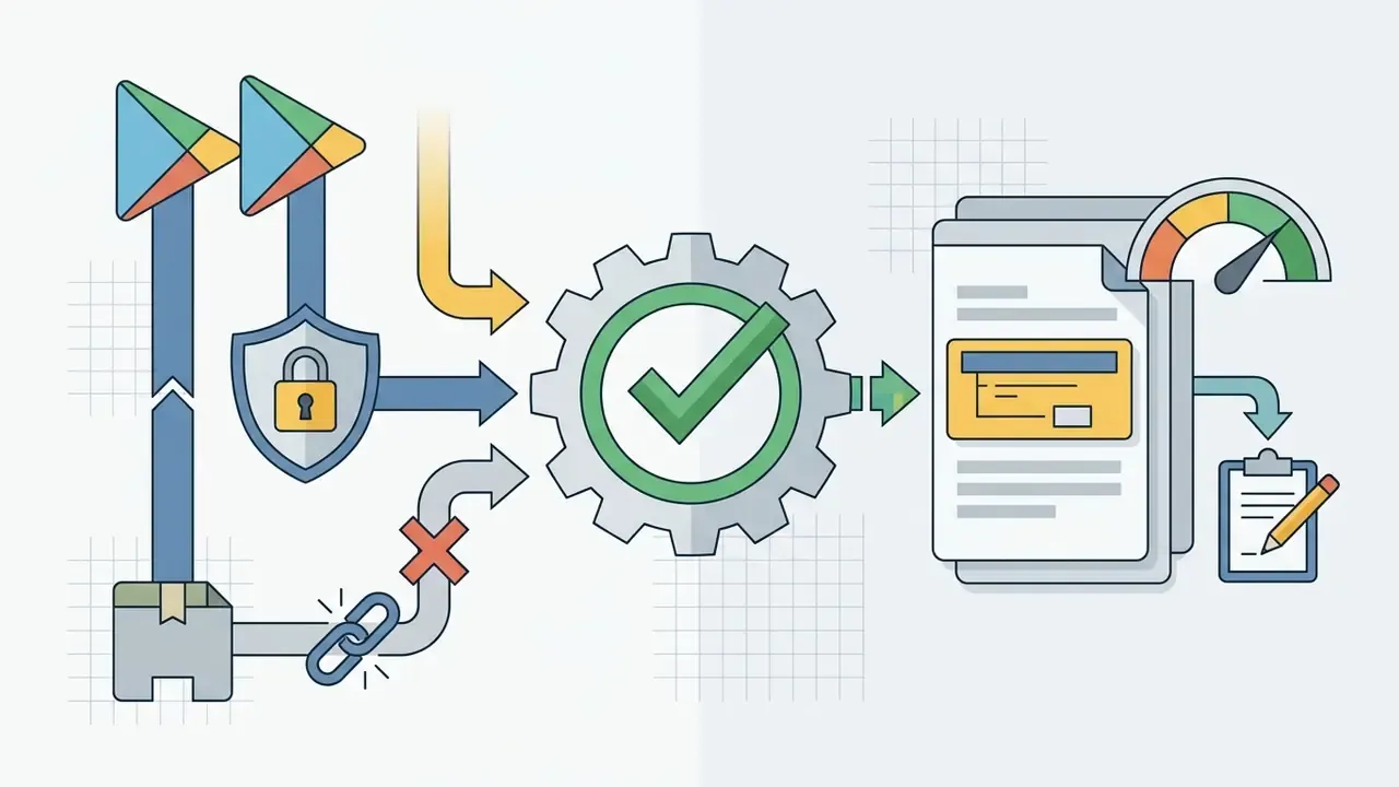 Flowchart showing the verification process for mobile apps from Google Play store to security documentation