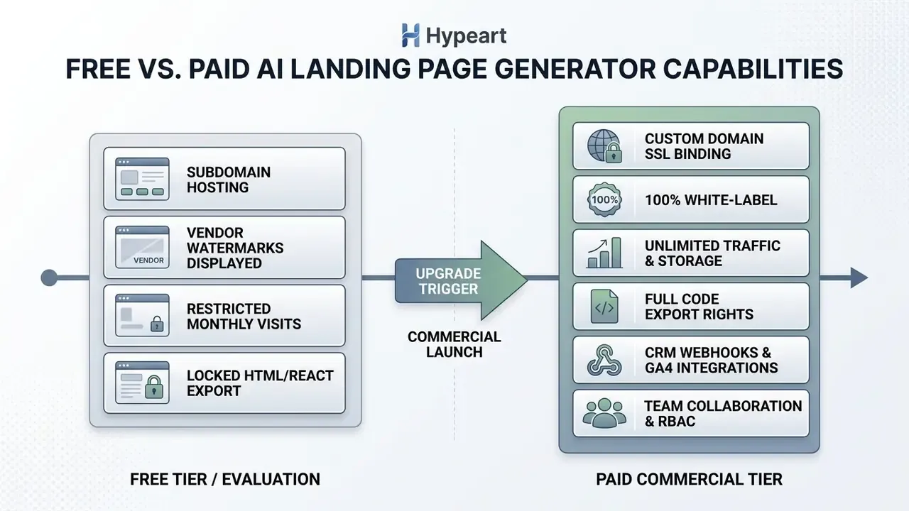 Comparison chart contrasting features of free evaluation tiers against paid commercial service levels