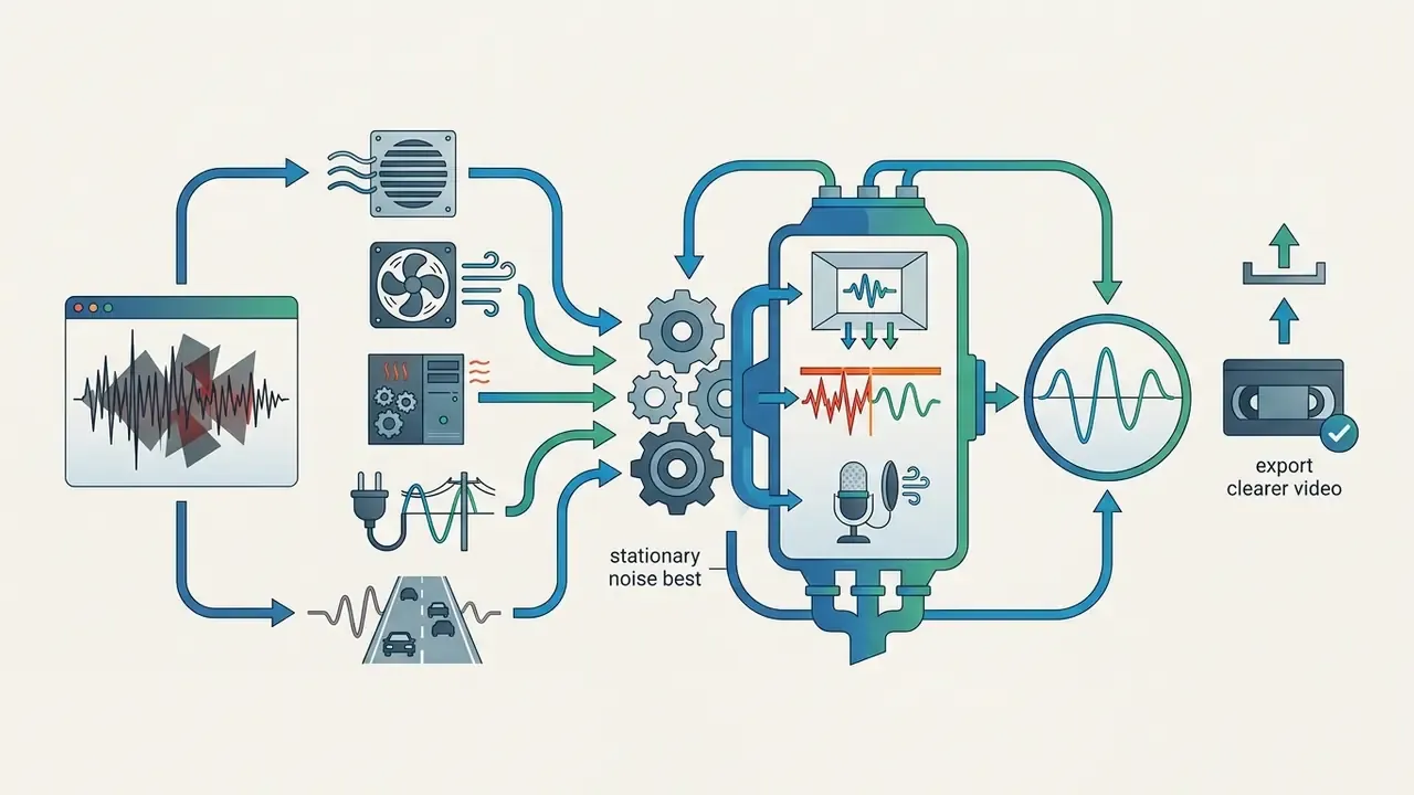 Flowchart showing how various stationary background noises are processed by AI to remove background noise from video free
