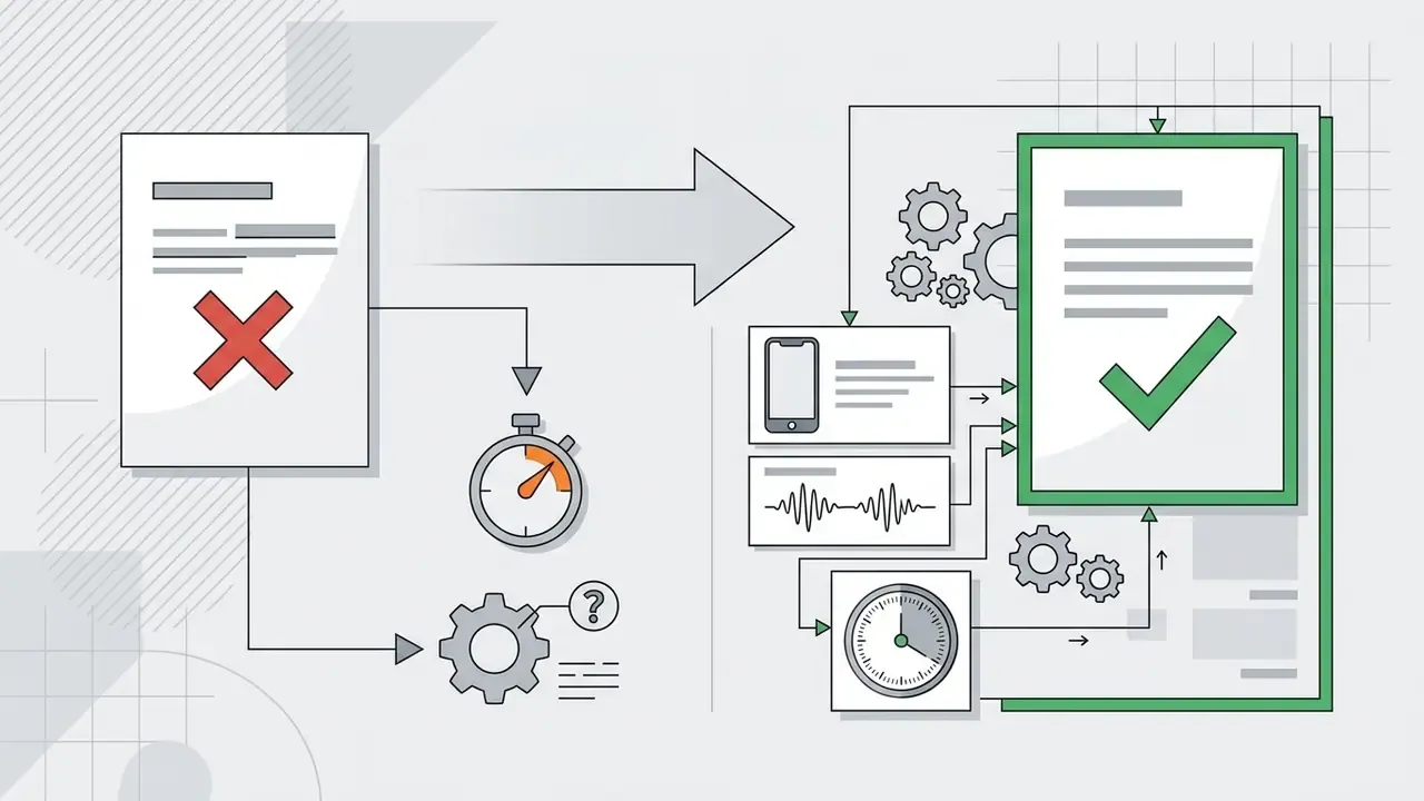 Document with a red X being processed by time and gear variables to reach a validated green checkmark state