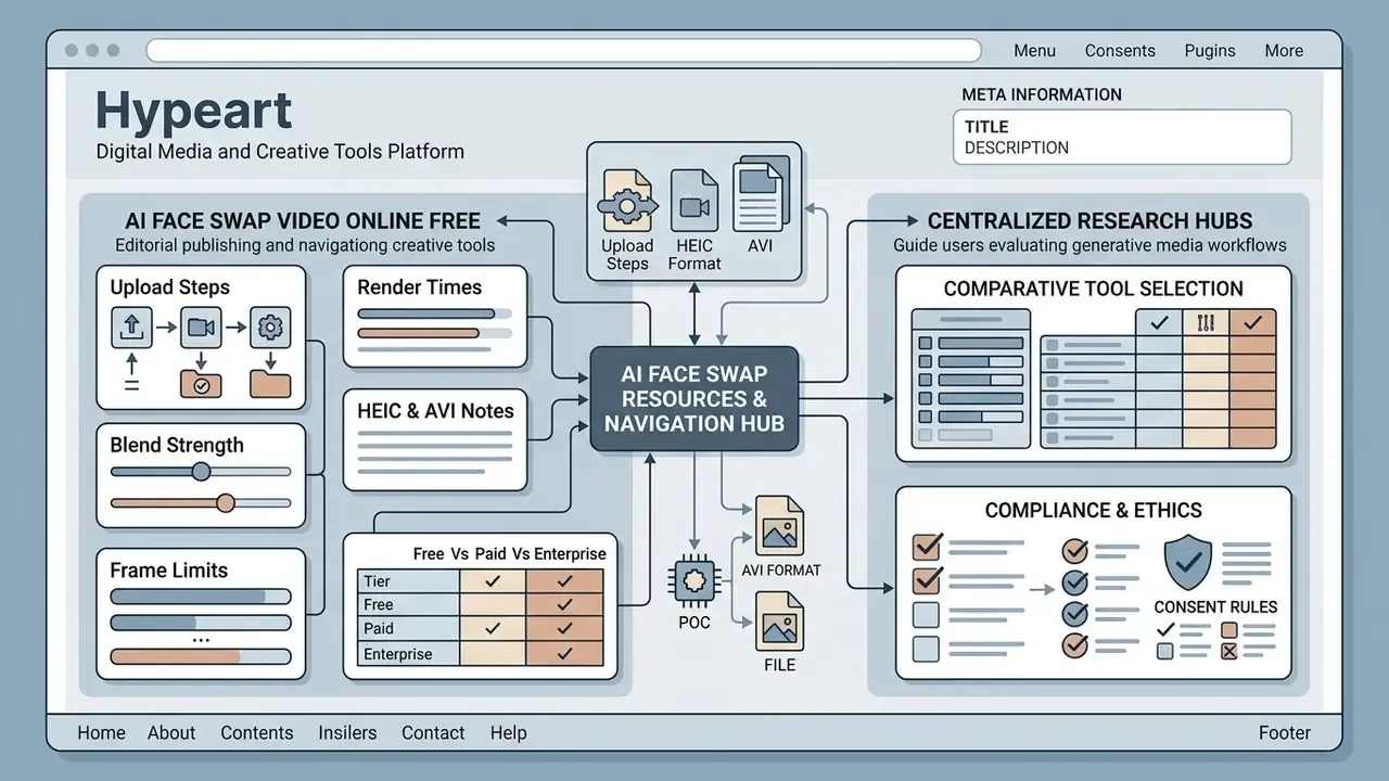 Web interface mapping AI face swap video online free resources to tool selection and compliance hubs