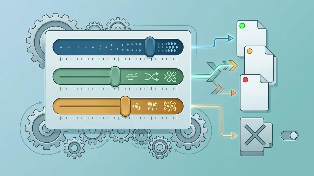 Control panel with three sliders feeding into a series of document icons and a toggle switch