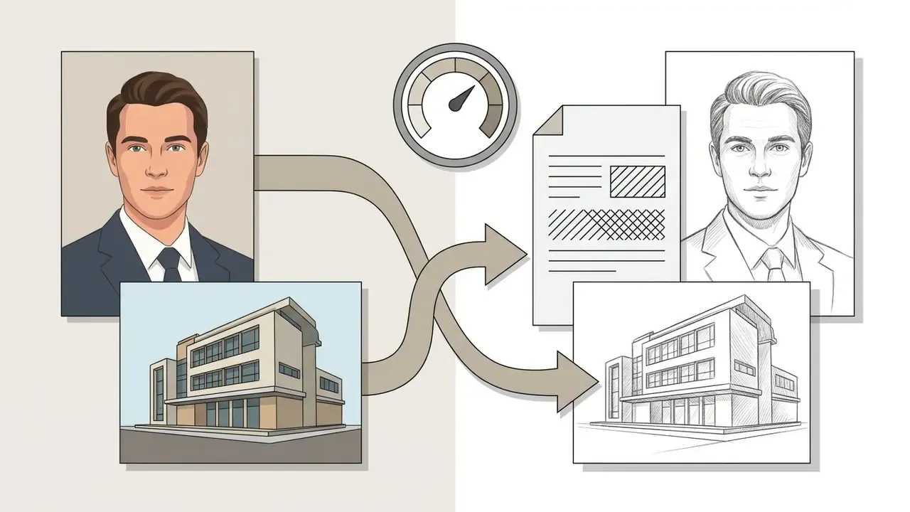 Arrows connecting portrait and building photos to their corresponding pencil sketch versions