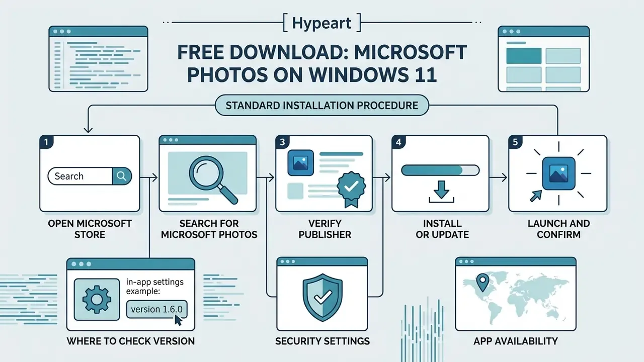 Step by step infographic illustrating the installation process for Microsoft Photos on Windows 11