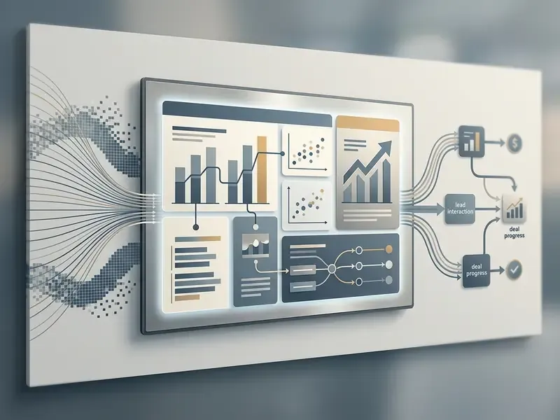 Digital display processing raw data inputs into visual sales charts and lead interaction workflows