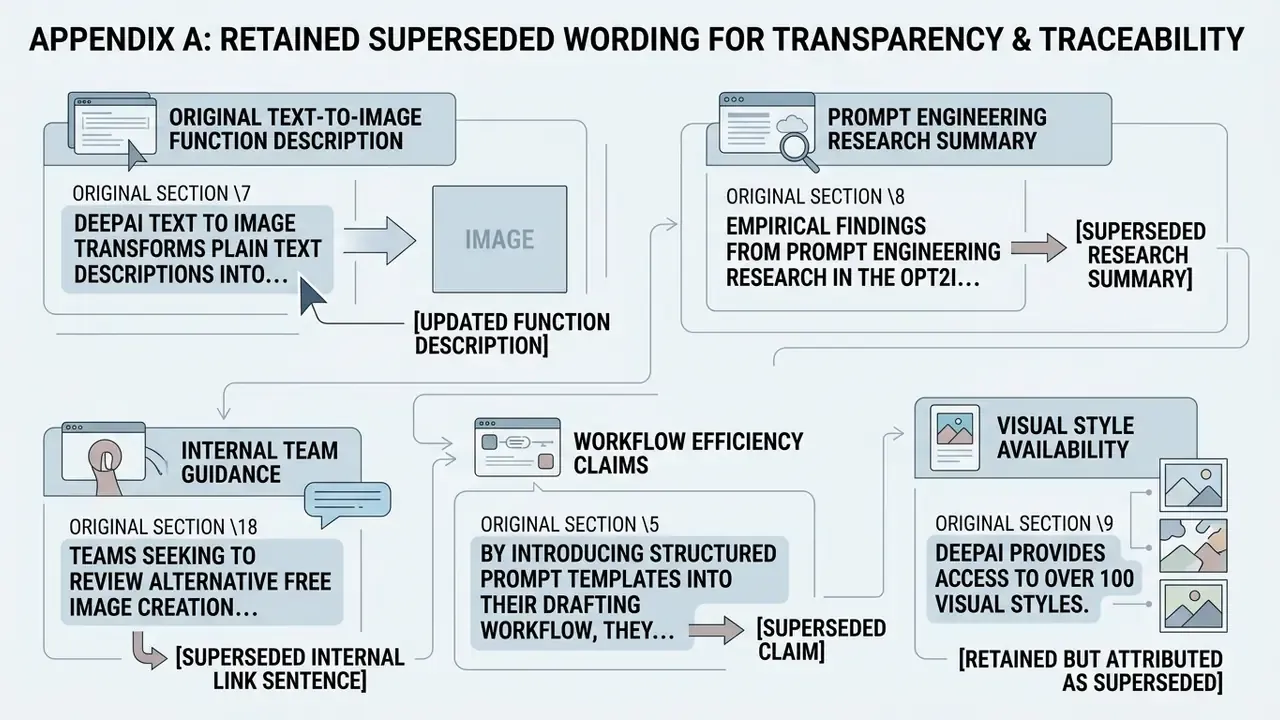Flowchart documenting superseded DeepAI text generator wording and claims for version traceability