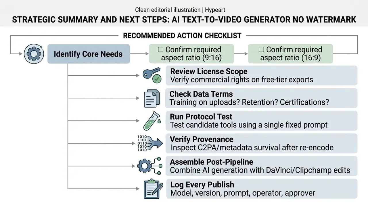 Checklist for selecting a free AI text to video generator with steps covering licensing and data terms