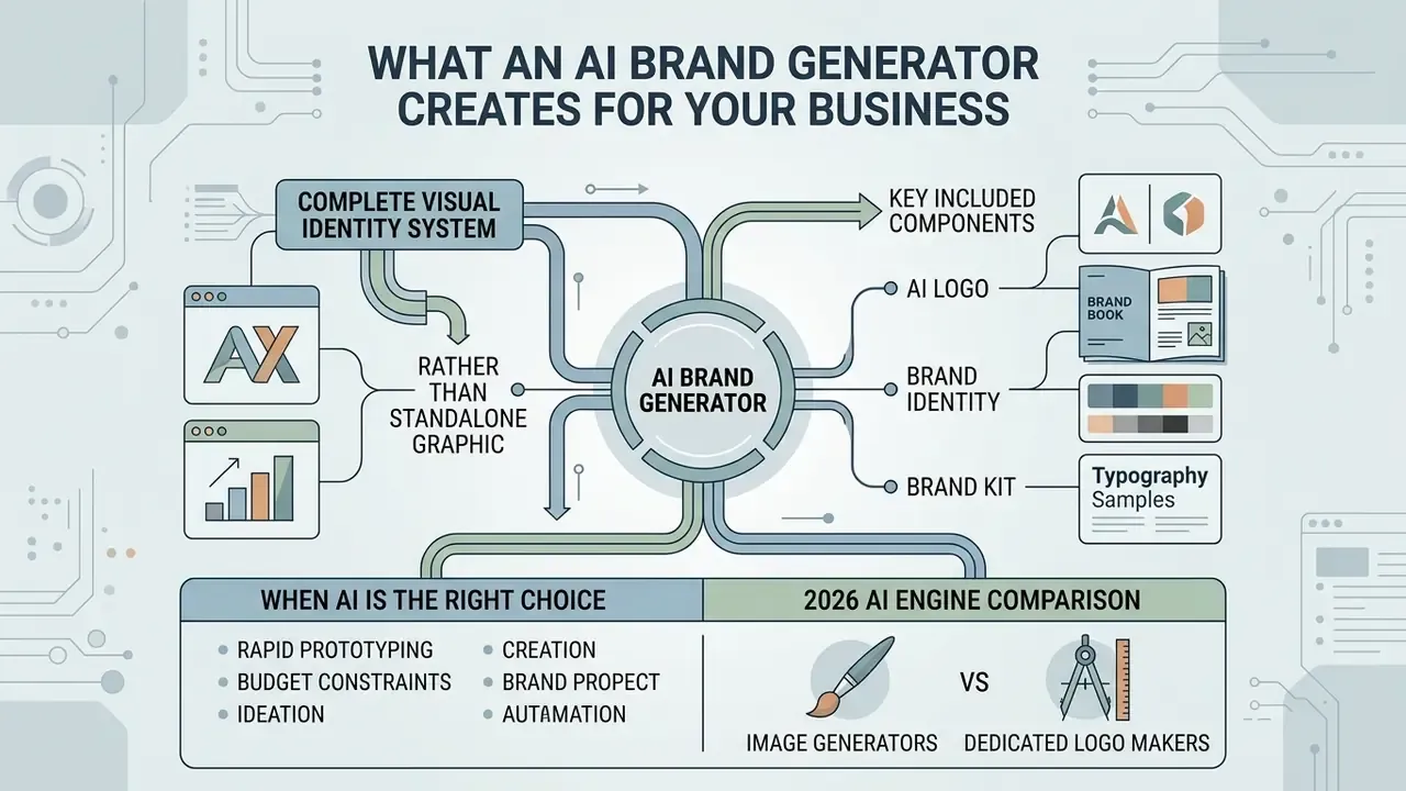 Infographic showing how an AI brand generator produces a full identity system instead of single graphics