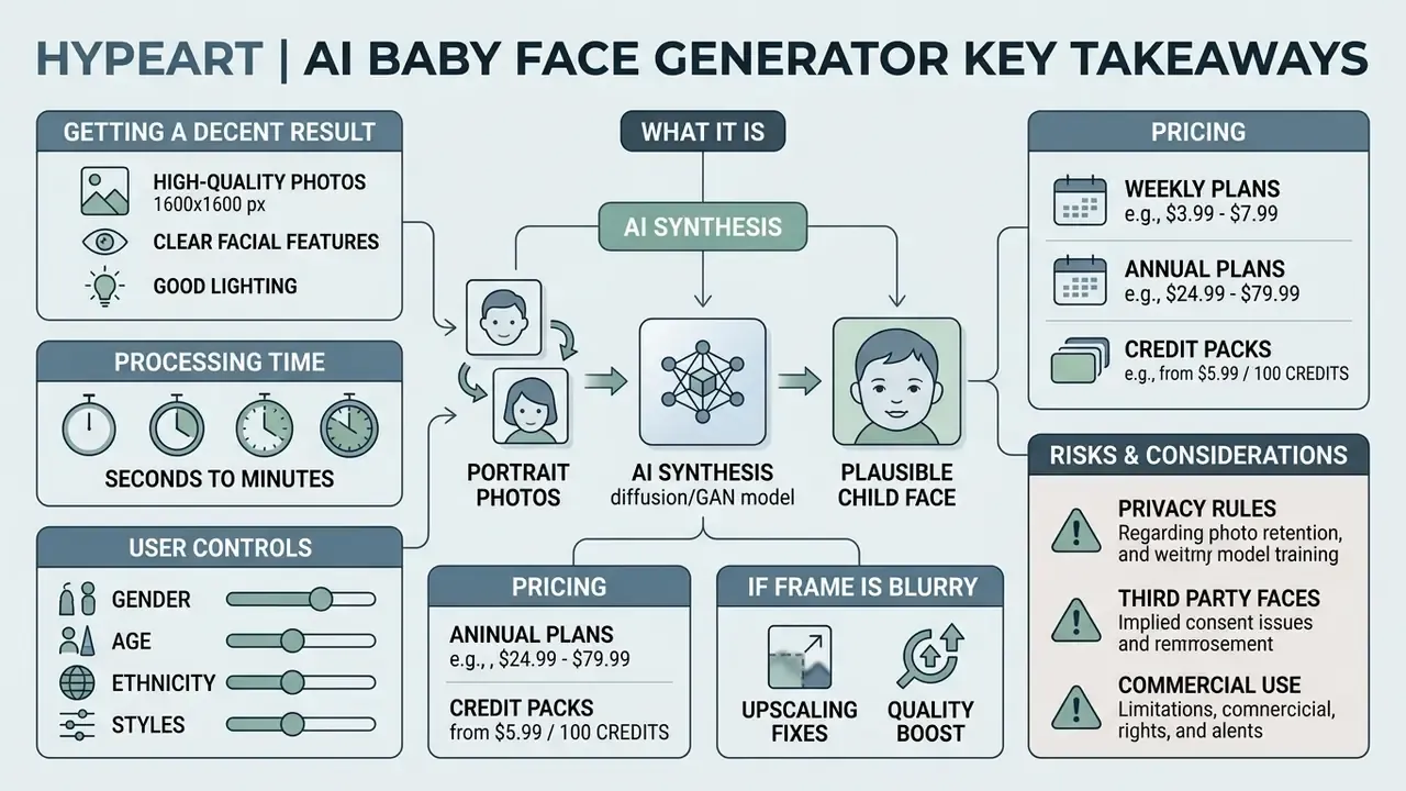 Infographic flowchart explaining how an AI baby face generator app processes portrait photos into child faces