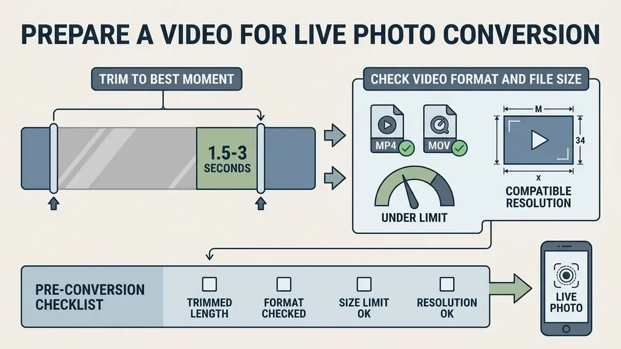Steps for trimming video duration and verifying file specifications before creating a Live Photo