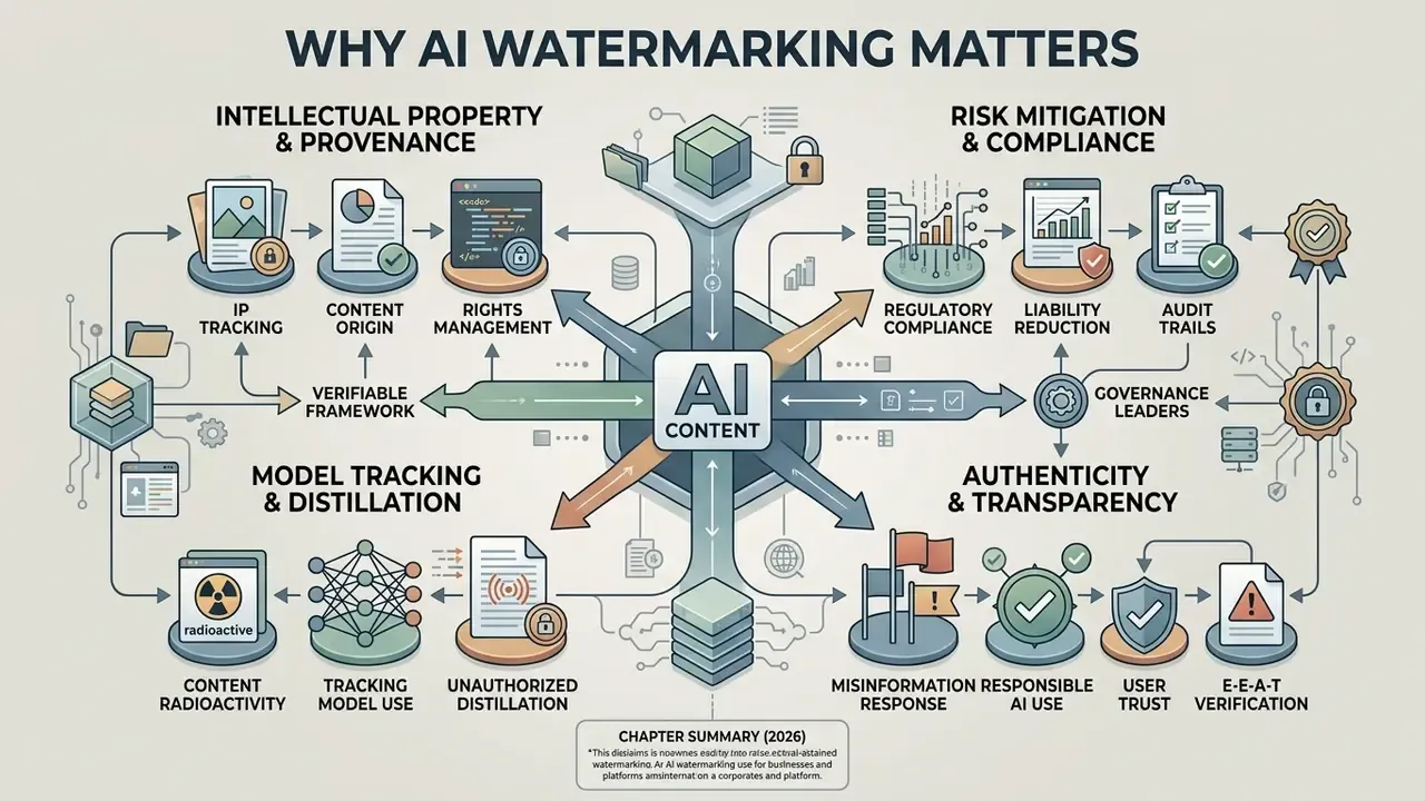 Centralized hub connecting AI content to business benefits like provenance, risk mitigation, and transparency