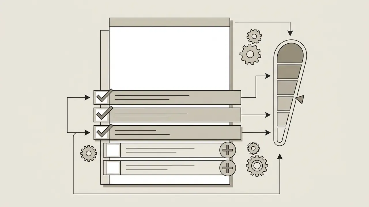 Document with selectable checklist rows and plus buttons feeding into a tiered pricing funnel