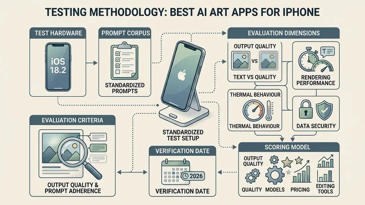Infographic flowchart showing the standardized testing methodology for evaluating AI art apps on iPhone