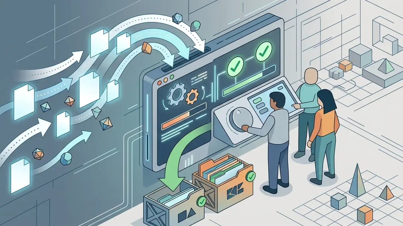 Developers using a control panel to sort digital files and assets into organized storage containers