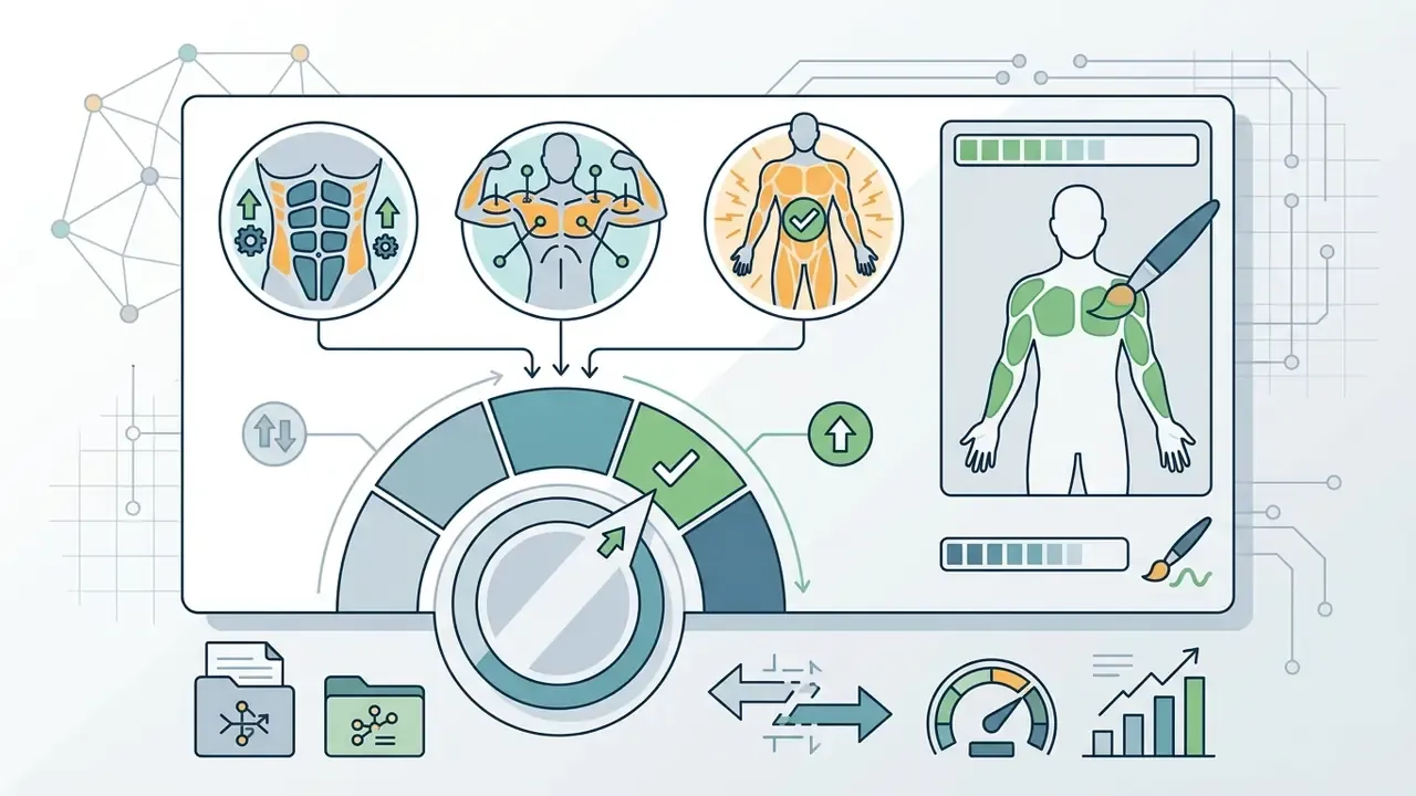 Human body icons with selection tools and a gauge for adjusting muscle definition on a digital interface