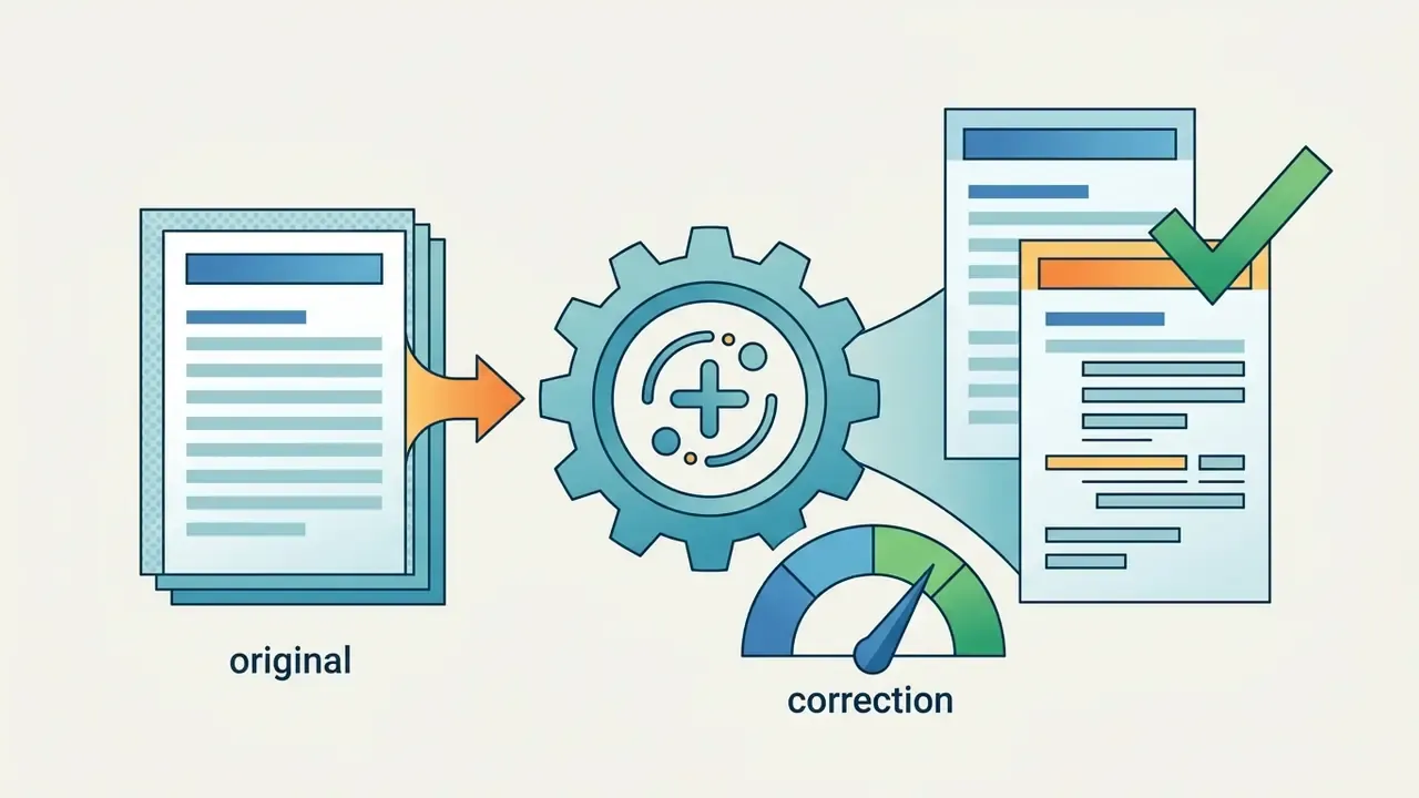 Stack of documents moving through a gear mechanism and speed gauge to become a finalized revised file