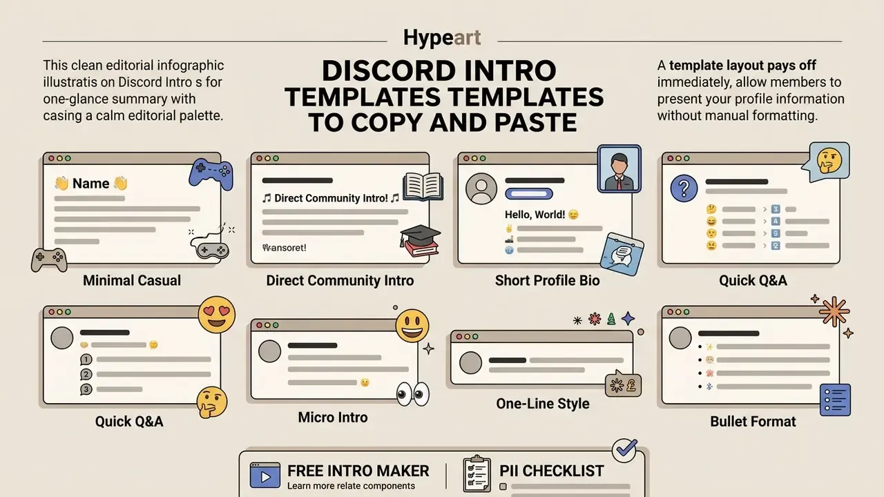 Infographic displaying eight distinct Discord intro template styles with icons and text placeholders