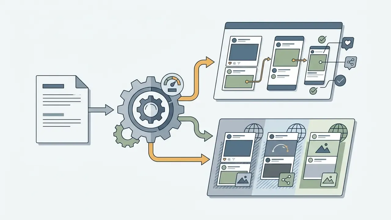 Central gear processing document data into social media marketing assets and localized global variants