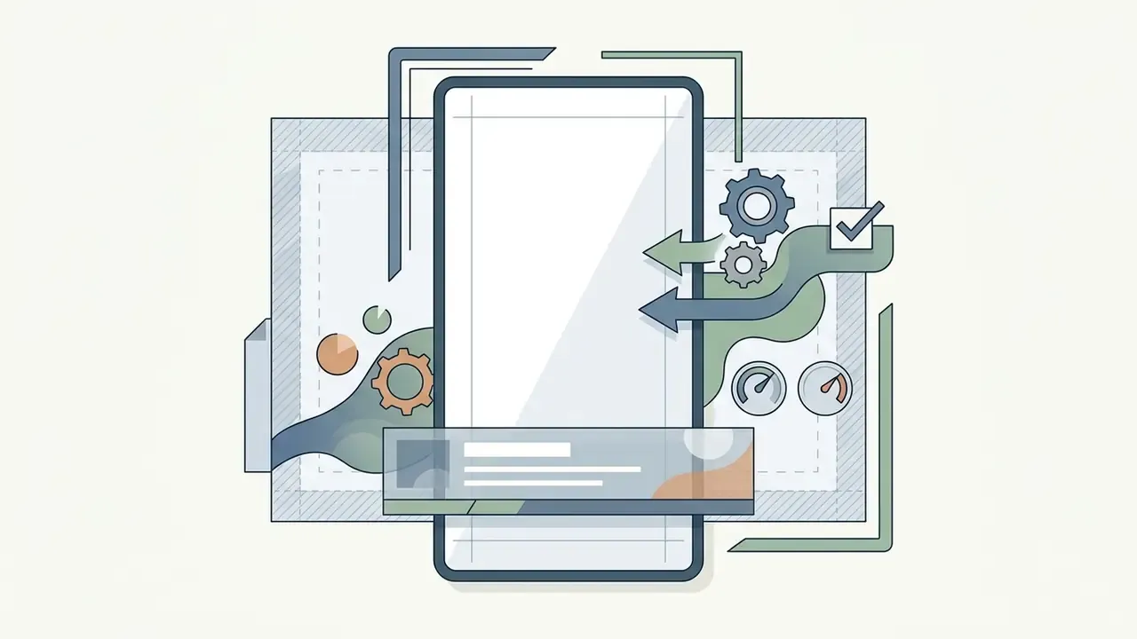 Vertical screen frame with graphic overlays, gear icons, and gauges representing video layout tools