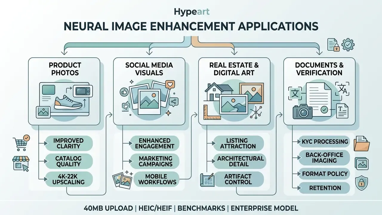 Diagram showing four categories for neural processing including e-commerce, social media, real estate, and documents