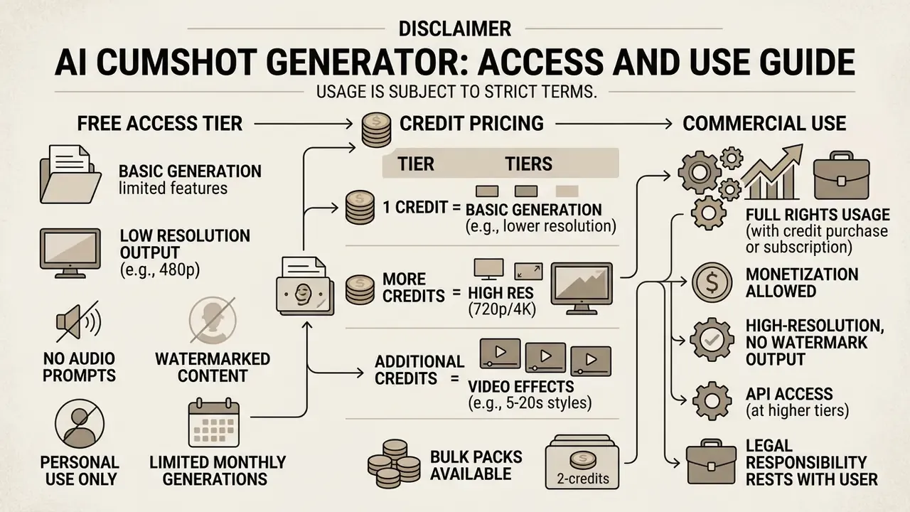 Summary of free access tiers, credit pricing structures, and commercial usage rights for digital content