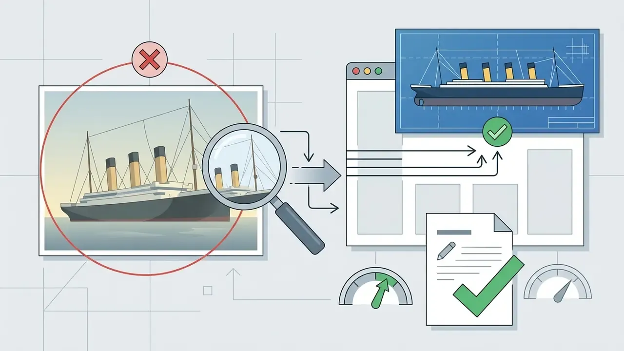 Magnifying glass inspecting a ship image to verify details against a correct blueprint and checklist