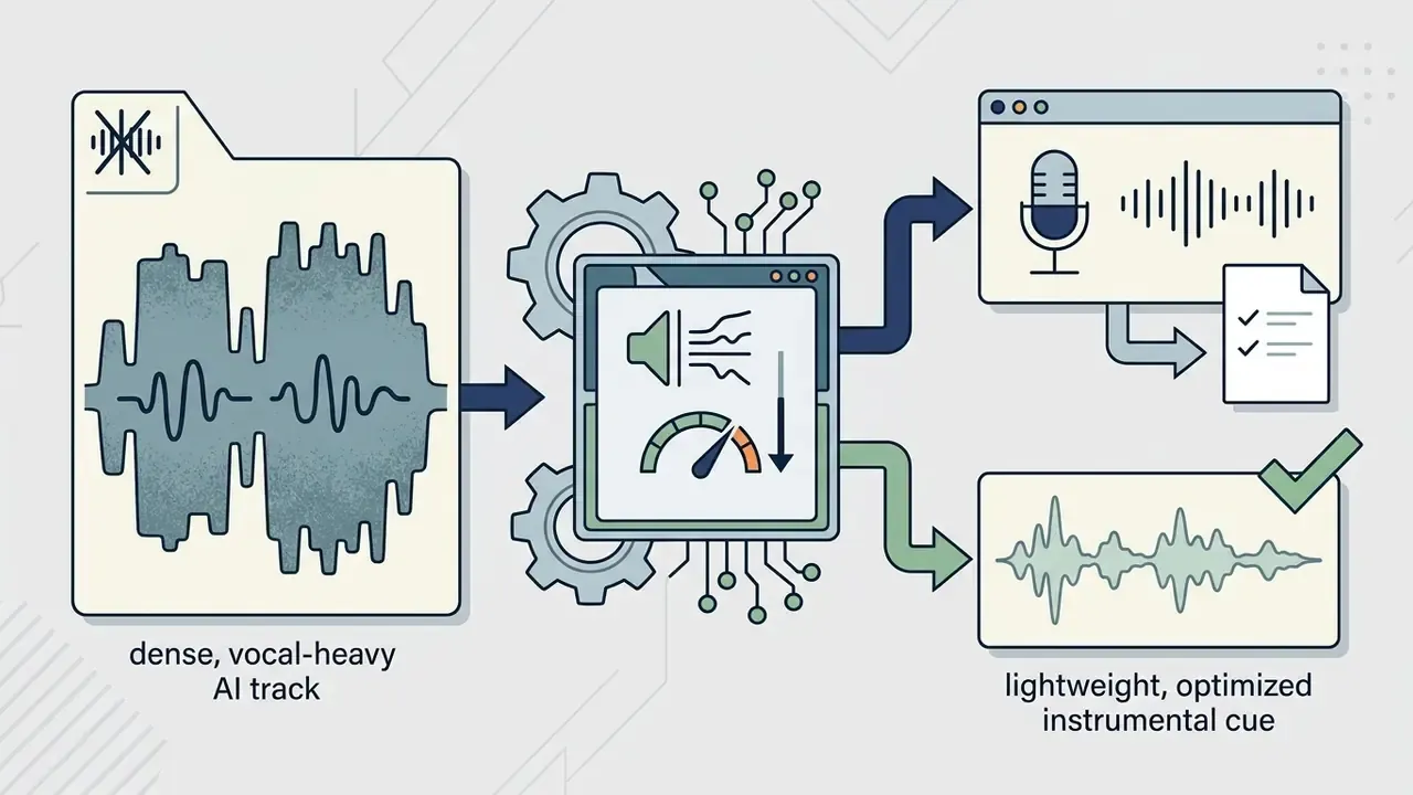 Visual representation of processing a dense AI track into an optimized instrumental podcast cue