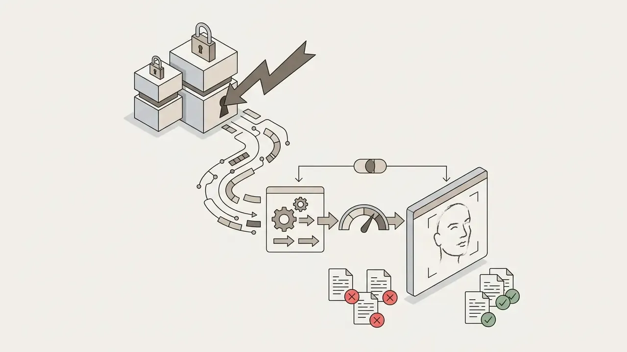 Lightning bolt striking locked storage blocks to reveal facial data processed through a gear system